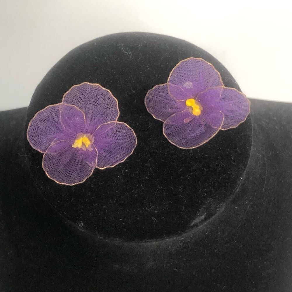 vintage violet fabric screw on earrings mesh tool purple spring summer statement